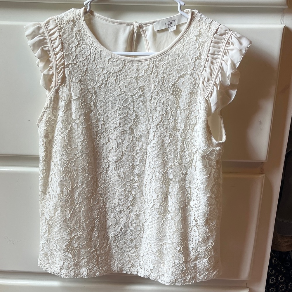 LOFT Cream Lace Blouse with Ruffle Sleeves